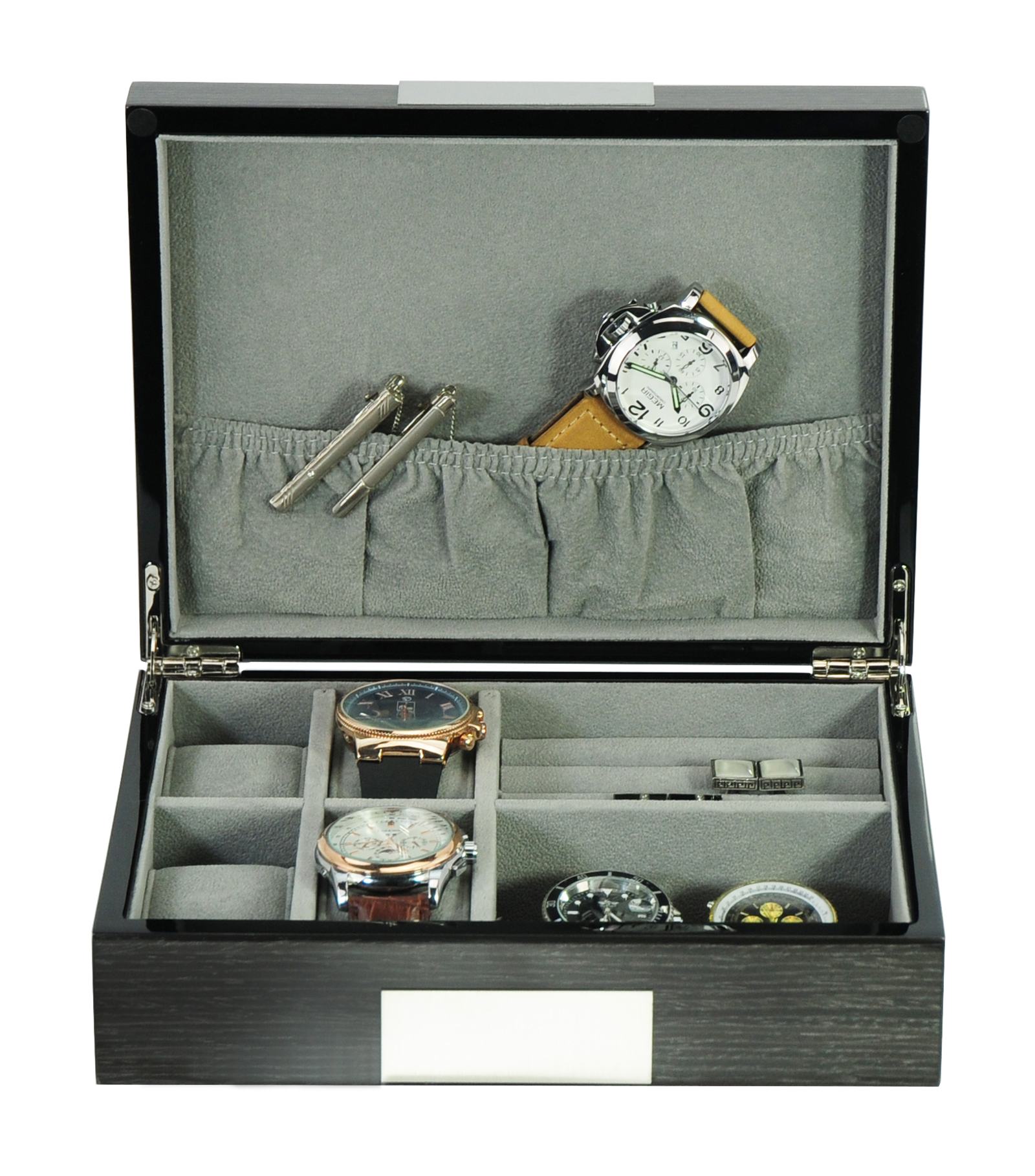 Grey Lacquered Wood Watch Cufflink Case Ring Storage Organizer Mens